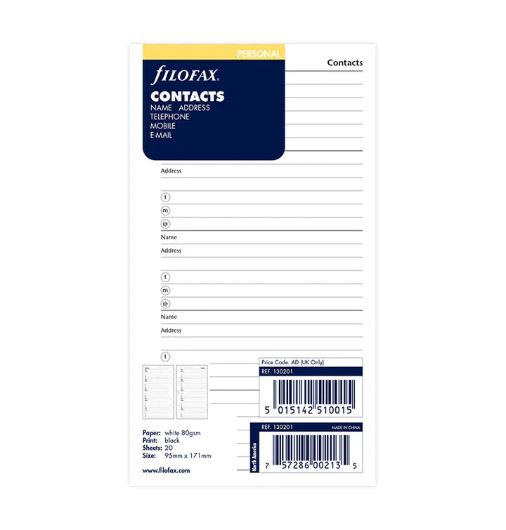 Filofax - Personal Contacts Refill - White