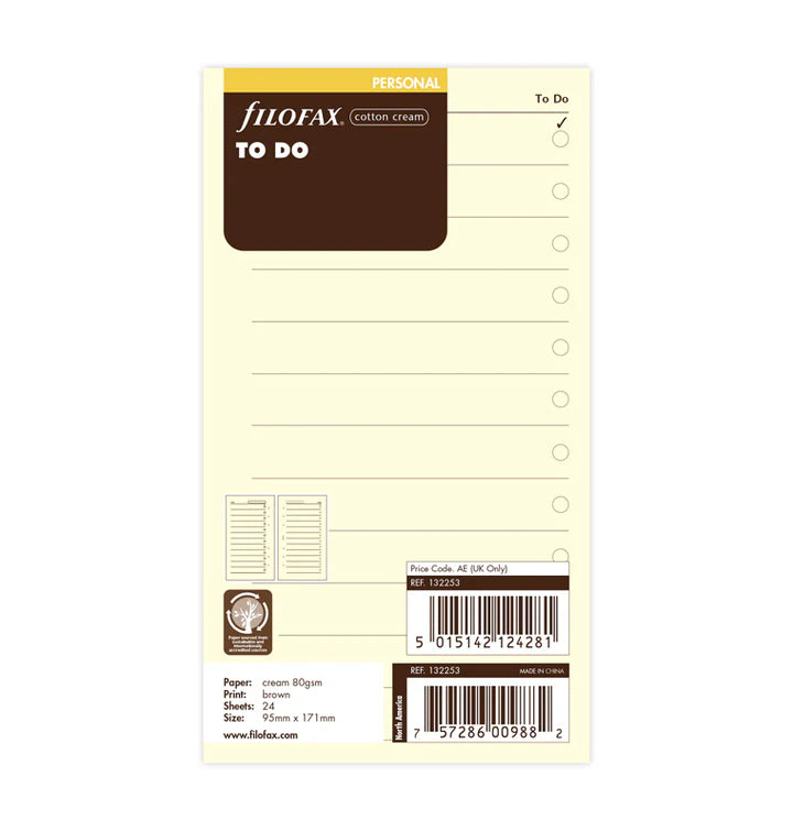 Filofax - Personal To Do Sheets - Cotton Cream