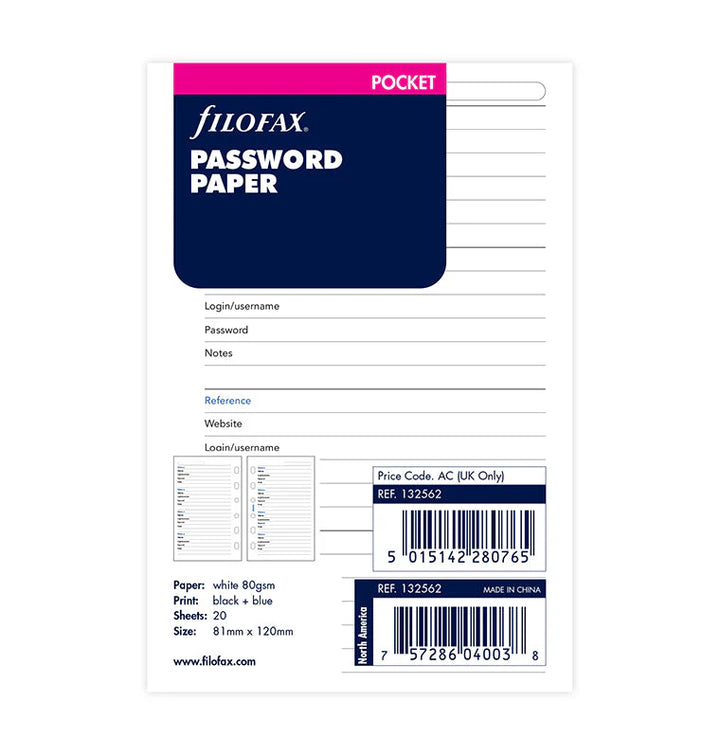 Filofax - Pocket Password Paper - White