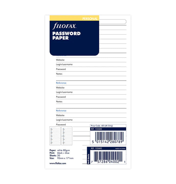 Filofax - Personal Password Paper - White