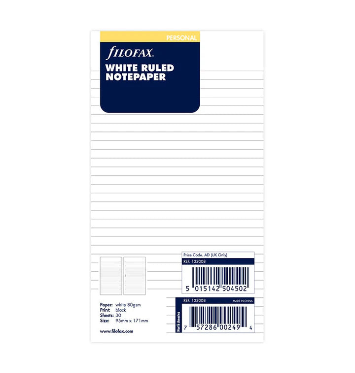 Filofax - Personal Ruled Notepaper - White