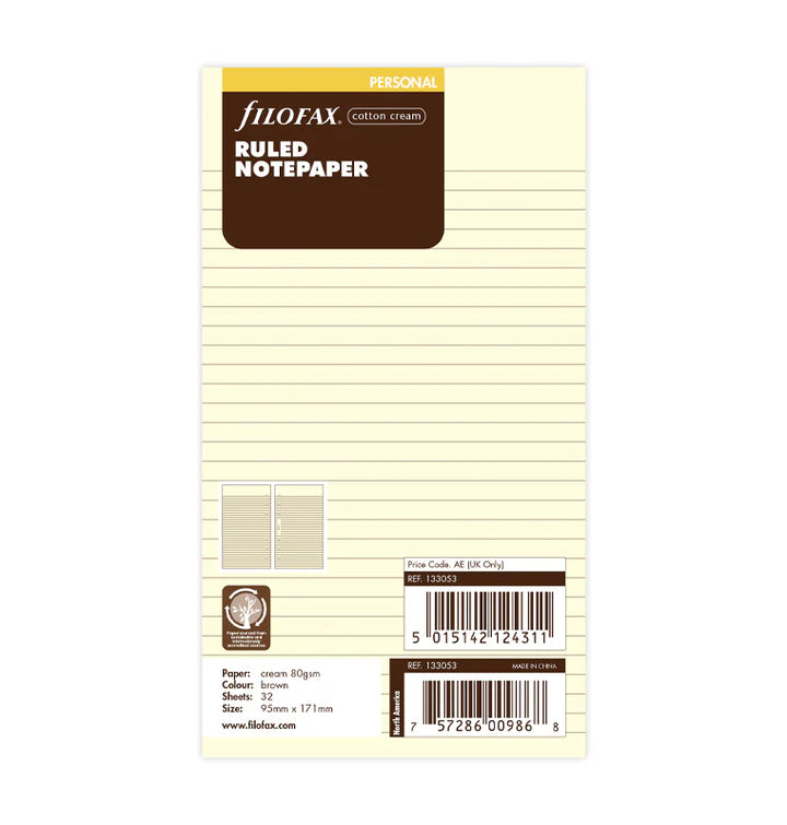 Filofax - Personal Ruled Notepaper - Cotton Cream