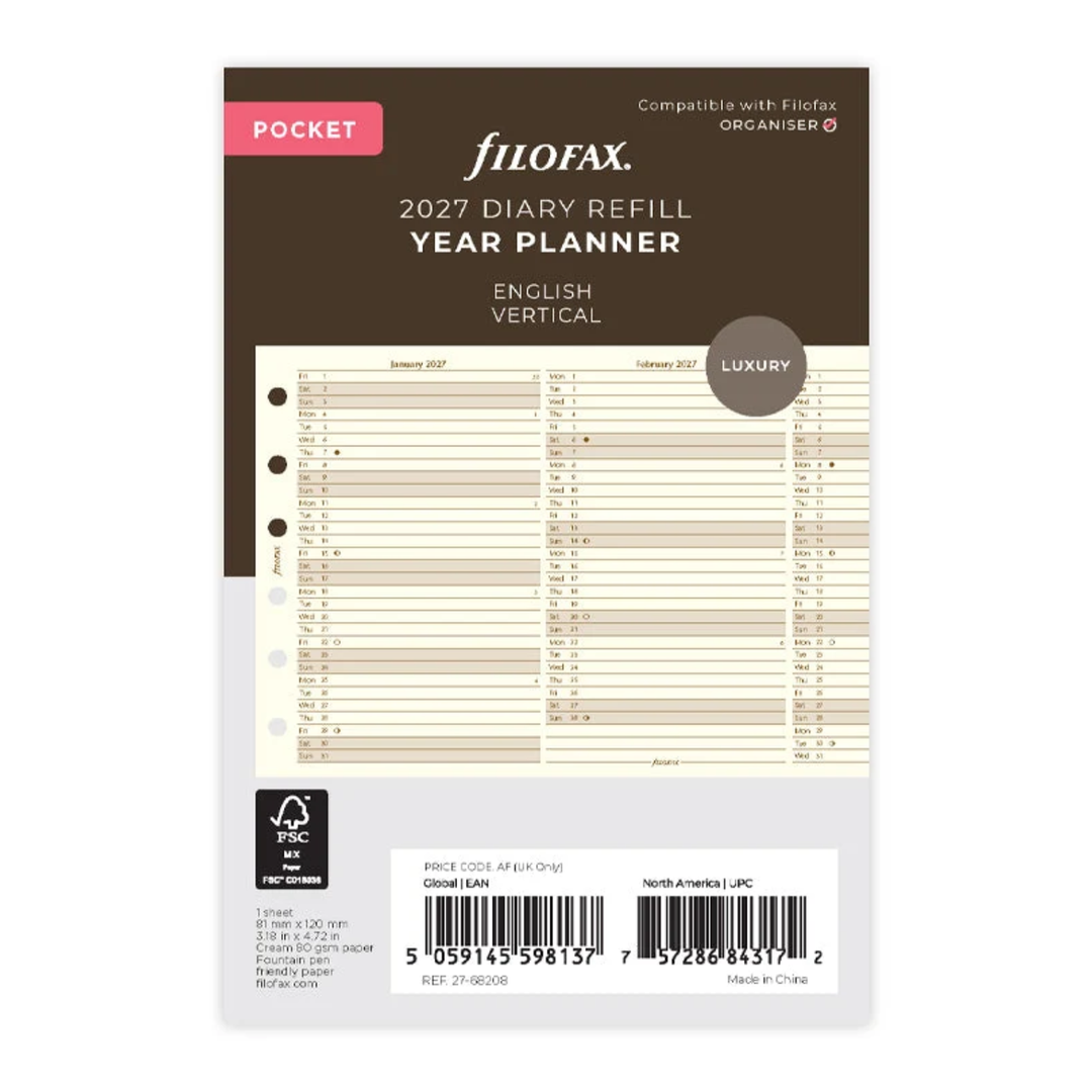 Filofax 2027 - Year Planner - Diary Refill - Pocket - Cream - English with Vertical Layout