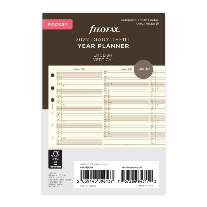 Filofax 2027 - Year Planner - Diary Refill - Pocket - Cream - English with Vertical Layout