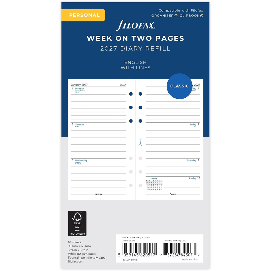 Filofax 2027 - Week On Two Pages - Diary Refill - Classic Personal - English with Lines