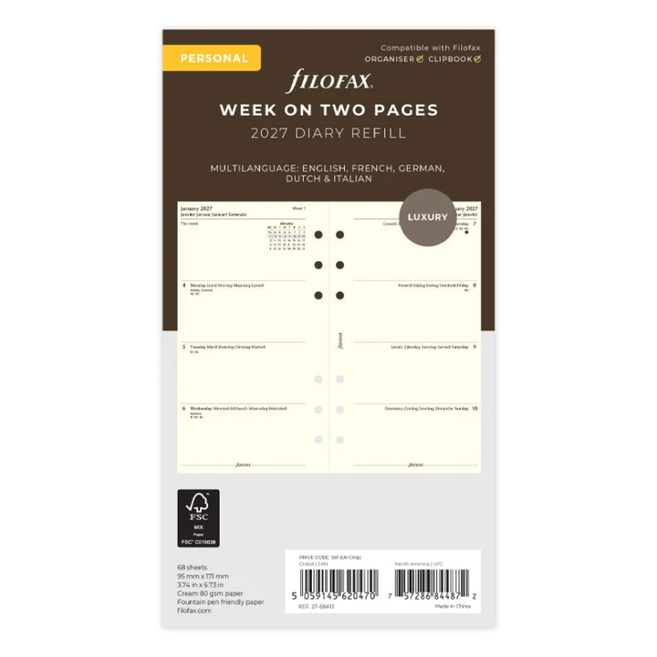 Filofax 2027 - Week On Two Pages - Diary Refill - Classic Personal - Cream - Multilanguage