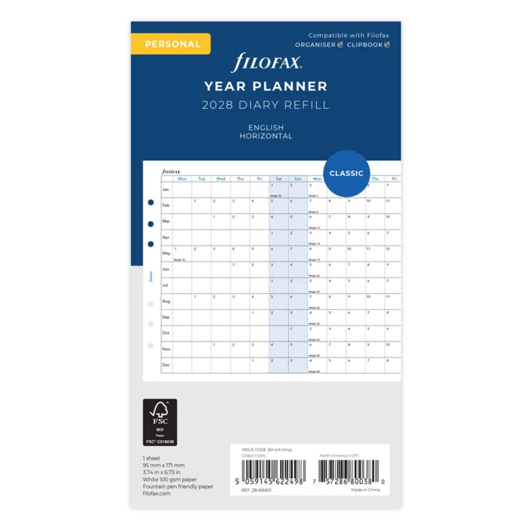 Filofax 2028 - Year Planner - Diary Refill - Classic Personal - English with Horizontal Layout
