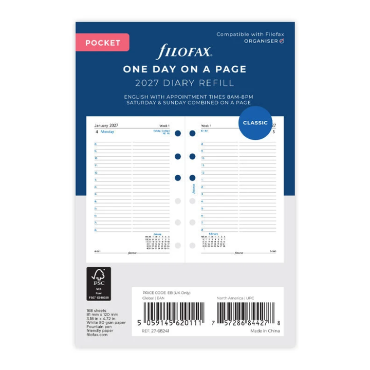 Filofax 2027 - One Day On One Page - Diary Refill - Pocket - English with Appointments, Saturday & Sunday