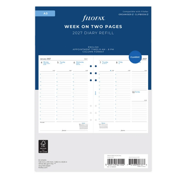 Filofax 2027 - Week On Two Pages - Diary Refill - A5 - English with Appointments