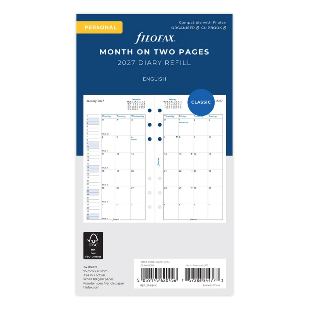 Filofax 2027 - Month On Two Pages - Diary Refill - Classic Personal - English