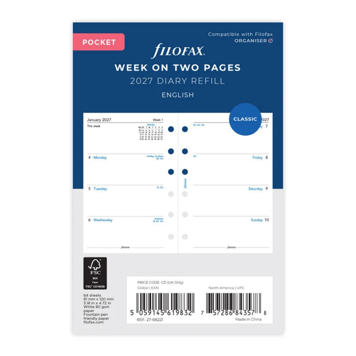 Filofax 2027 - Week On Two Pages - Diary Refill - Pocket - English