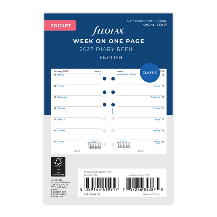 Filofax 2027 - Week On One Page - Diary Refill - Pocket - English
