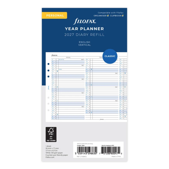 Filofax 2027 - Year Planner - Diary Refill - Classic Personal - English with Vertical Layout