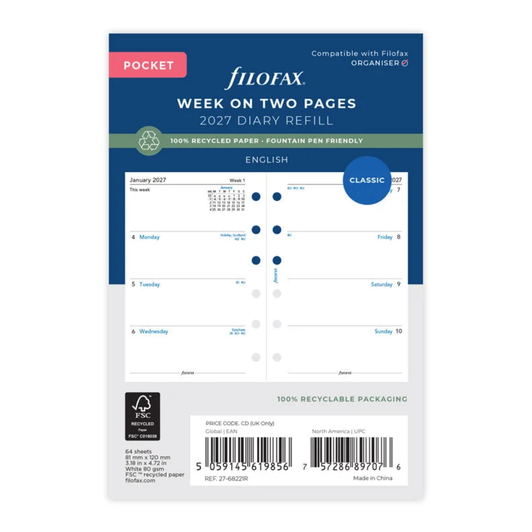 Filofax 2027 - Week On Two Pages - Diary Refill - Pocket - English with Recycled Paper