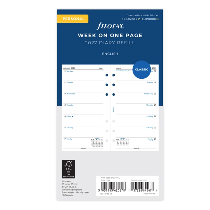 Filofax 2027 - Week On One Page - Diary Refill - Classic Personal - English