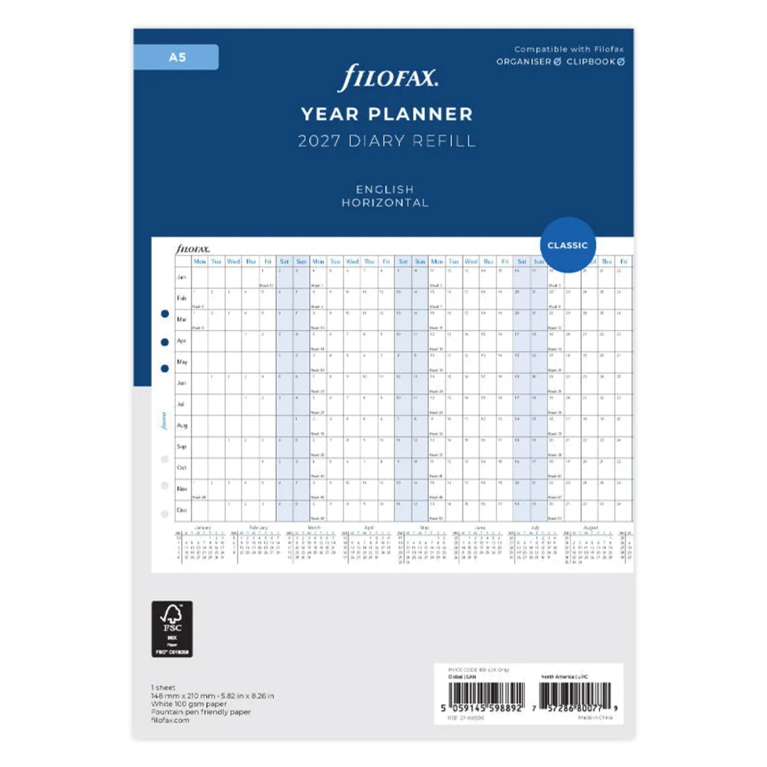Filofax 2027 - Year Planner - Diary Refill - A5 - English with Horizontal Layout
