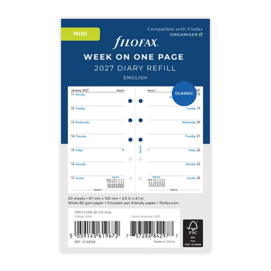 Filofax 2027 - Week On One Page - Diary Refill - Mini - English