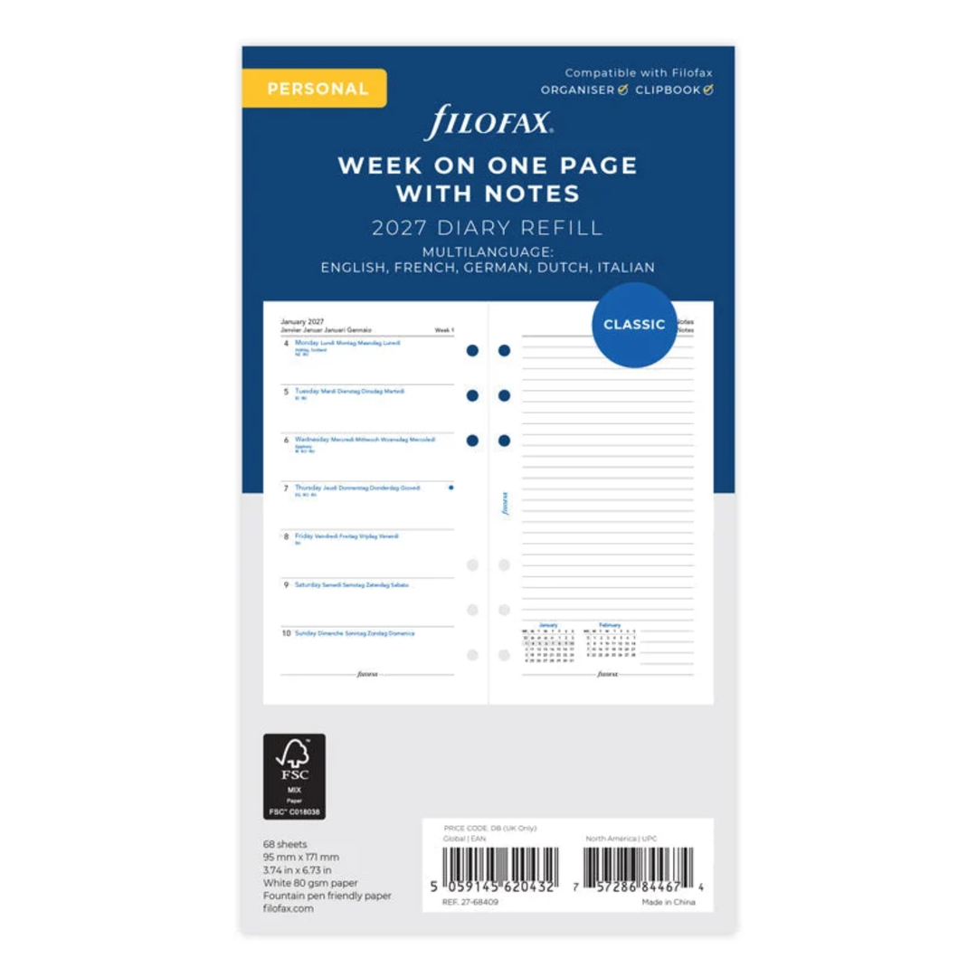 Filofax 2027 - Week On One Page With Notes - Diary Refill - Classic Personal - Multilanguage