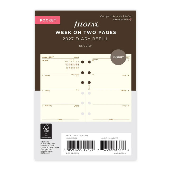 Filofax 2027 - Week On Two Pages - Diary Refill - Pocket - Cream - English