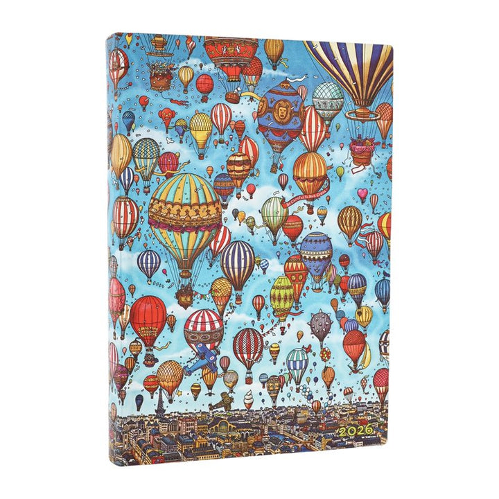 Paperblanks - 2026 Balloon Festival, Pierre the Maze Detective, 12-Month Planner Flexis, DAY-AT-A-TIME - Midi, Day-at-a-Time, Elastic Band, 432 Pg, 80 GSM