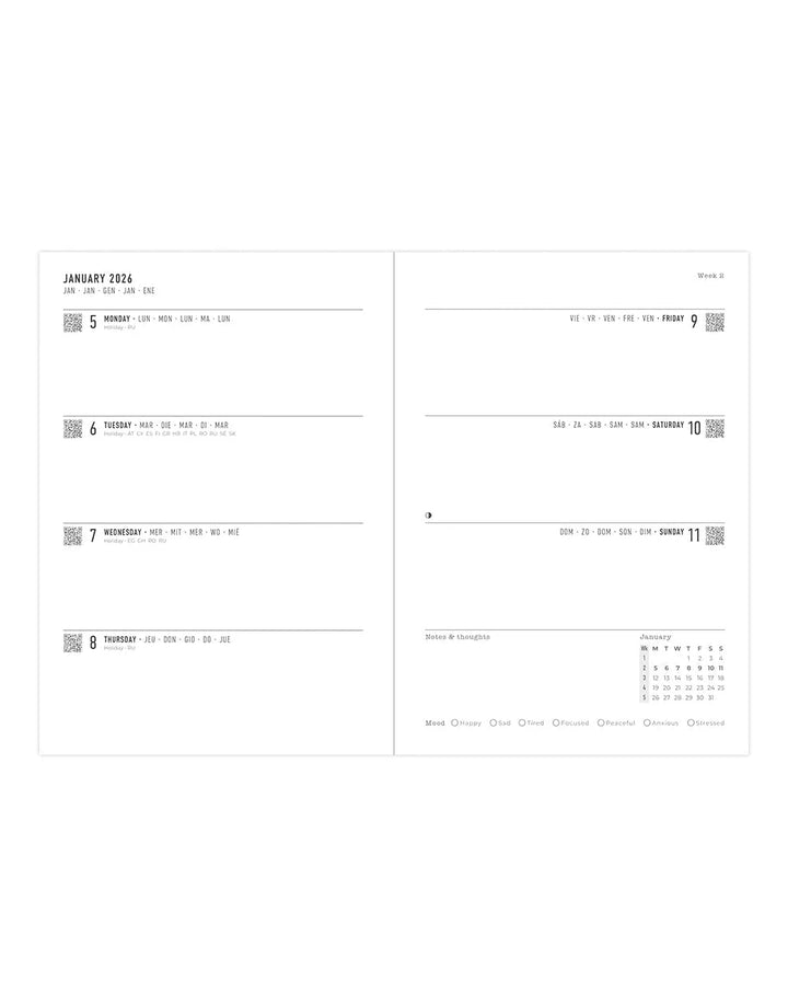 Letts of London - 2026 A5 Milano Weekly Planner - Week-to-View - Multilanguage - Black