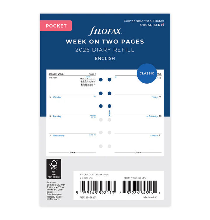 Filofax 2026 - Week On Two Pages - Diary Refill - Classic Pocket - English