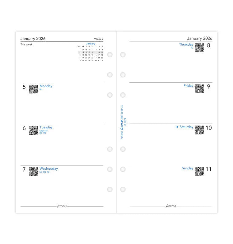 Filofax 2026 - Week On Two Pages - Diary Refill - Classic Personal - English