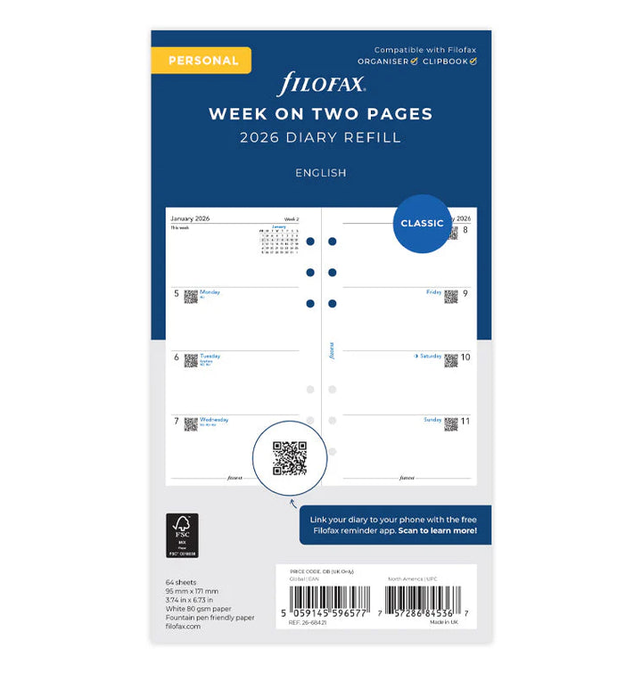Filofax 2026 - Week On Two Pages - Diary Refill - Classic Personal - English