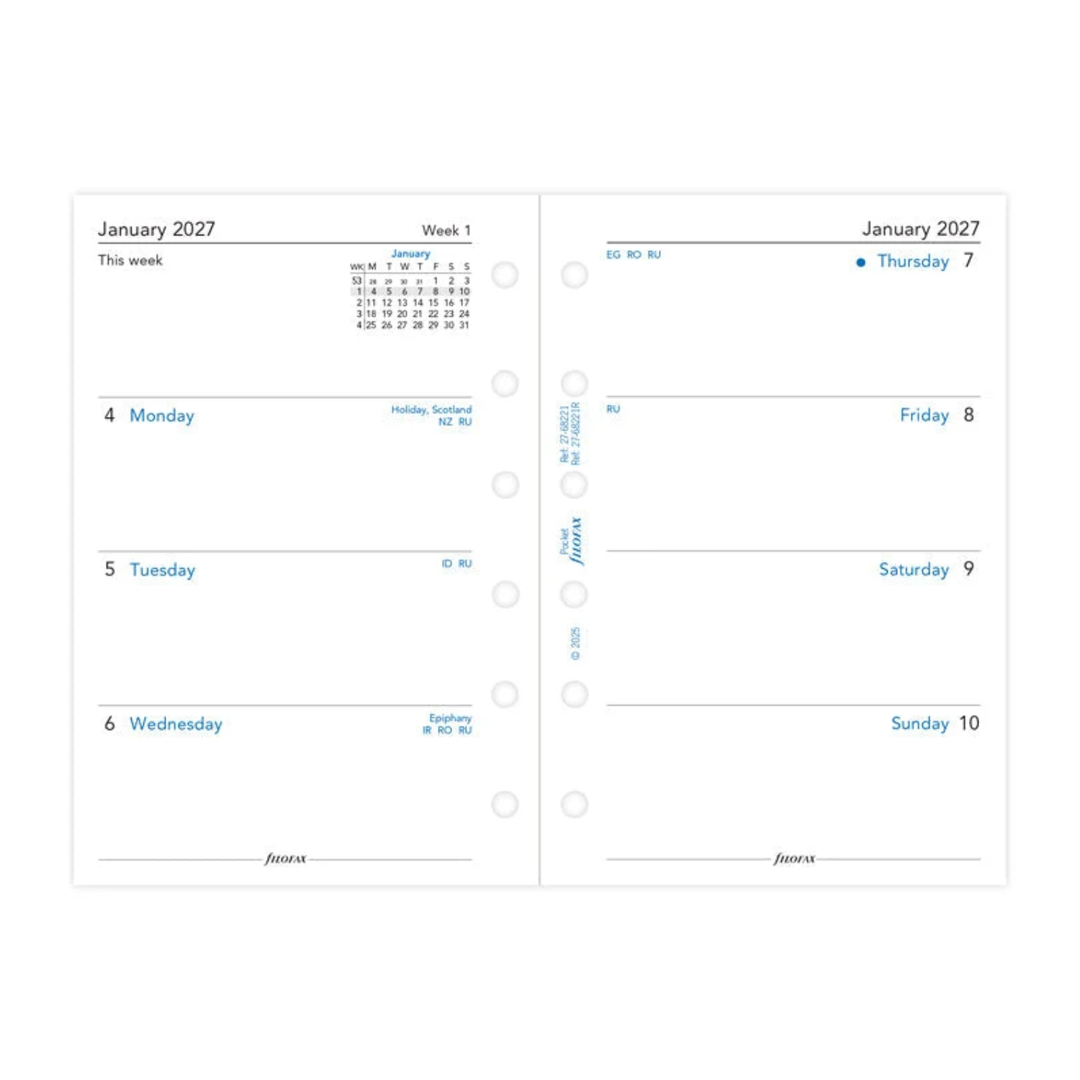 Filofax 2027 - Week On Two Pages - Diary Refill - Pocket - English