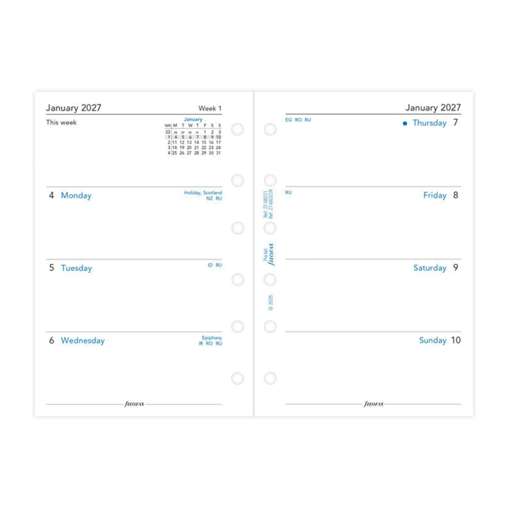 Filofax 2027 - Week On Two Pages - Diary Refill - Pocket - English