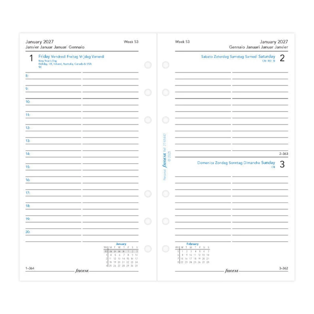 Filofax 2027 - One Day On One Page - Diary Refill - Classic Personal - English with Appointments, Saturday & Sunday