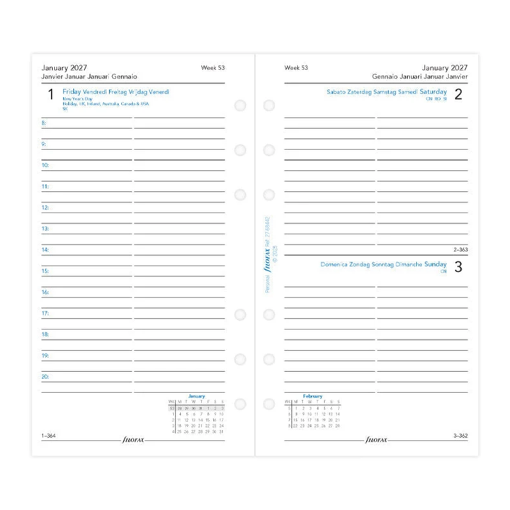 Filofax 2027 - One Day On One Page - Diary Refill - Classic Personal - English with Appointments, Saturday & Sunday
