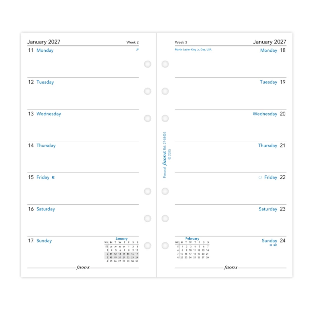Filofax 2027 - Week On One Page - Diary Refill - Classic Personal - English