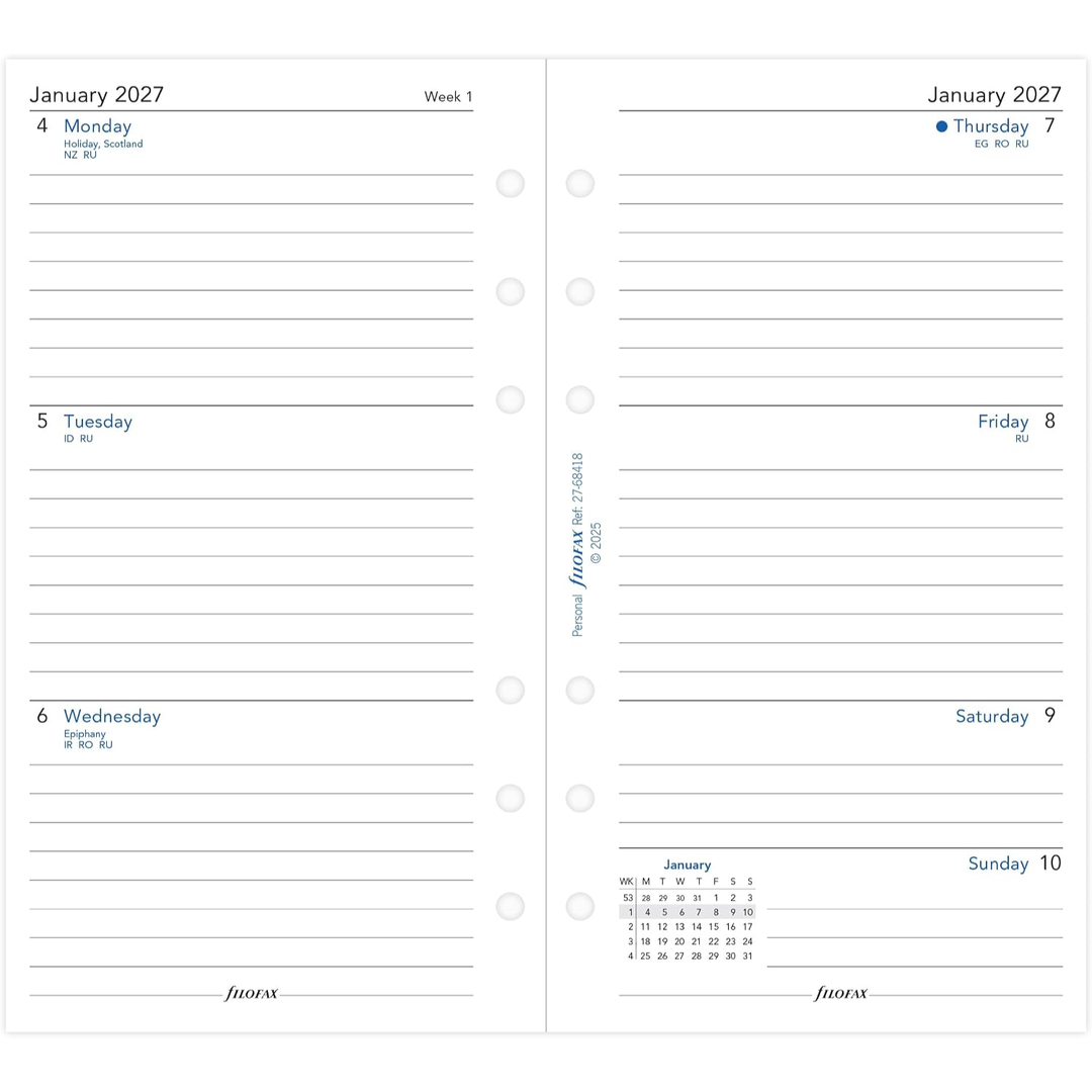 Filofax 2027 - Week On Two Pages - Diary Refill - Classic Personal - English with Lines