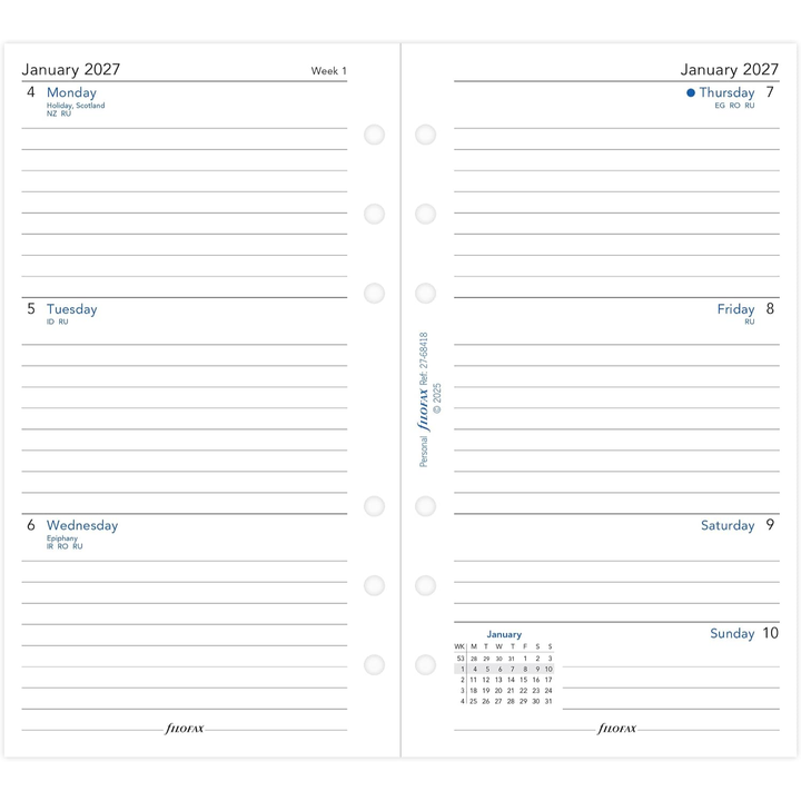 Filofax 2027 - Week On Two Pages - Diary Refill - Classic Personal - English with Lines