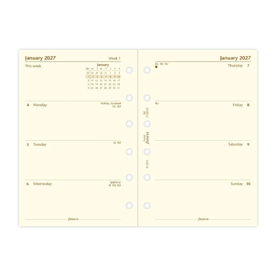 Filofax 2027 - Week On Two Pages - Diary Refill - Pocket - Cream - English