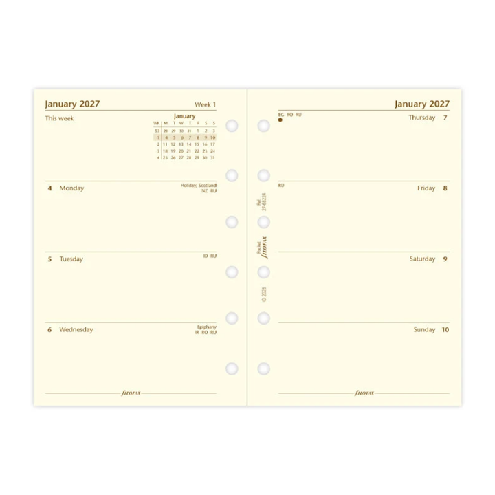 Filofax 2027 - Week On Two Pages - Diary Refill - Pocket - Cream - English
