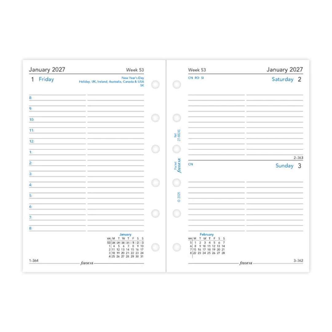 Filofax 2027 - One Day On One Page - Diary Refill - Pocket - English with Appointments, Saturday & Sunday