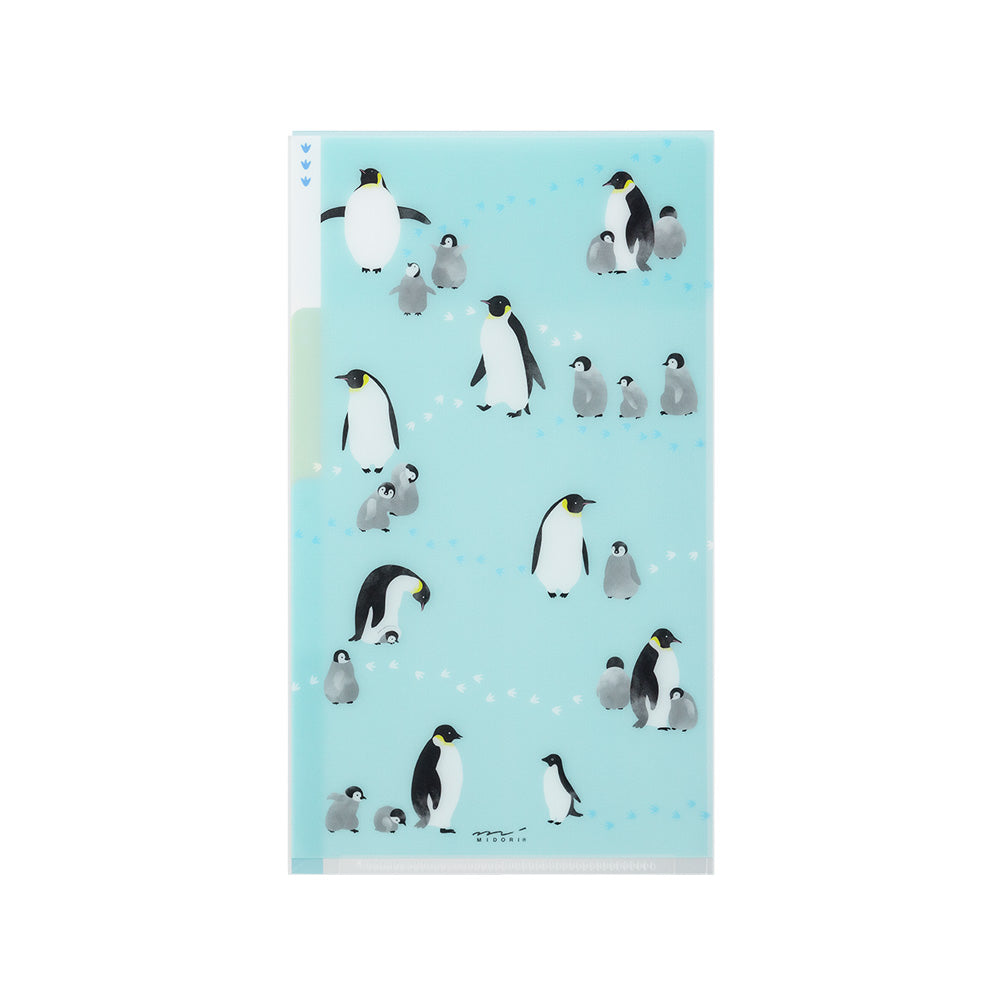 MIDORI - 3-Pocket Clear Folder with Flaps - A5 Slim | Penguins