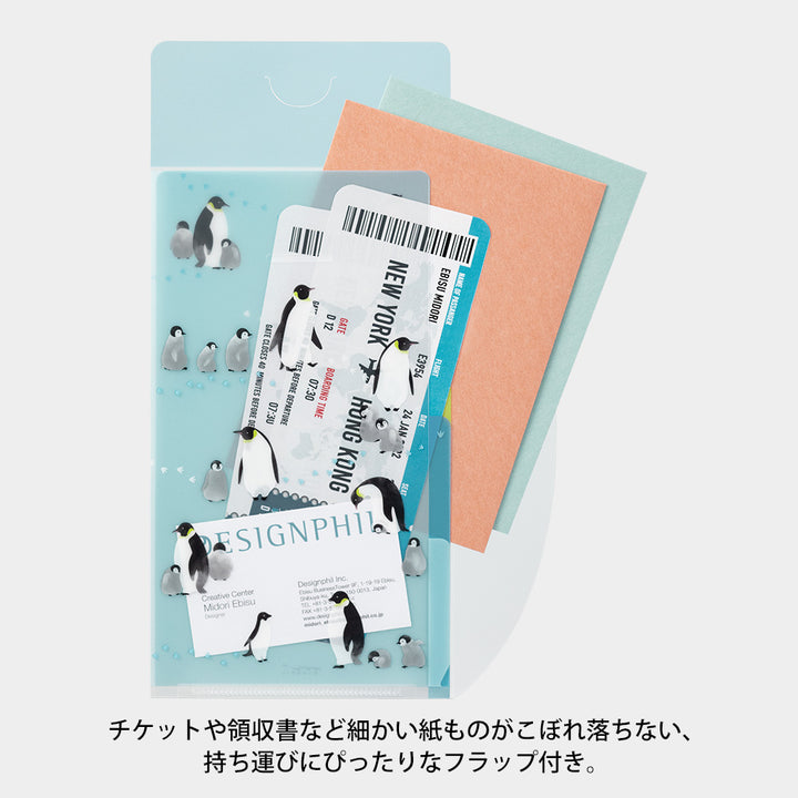 MIDORI - 3-Pocket Clear Folder with Flaps - A5 Slim | Penguins