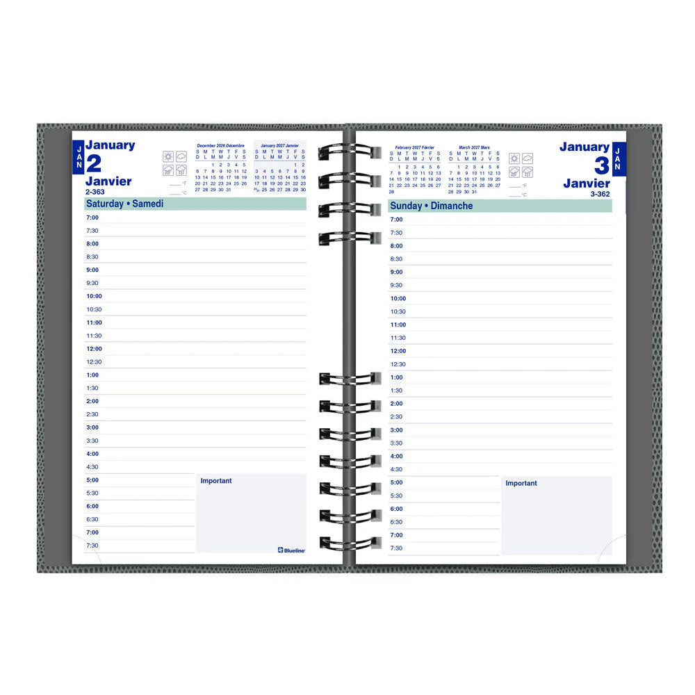 BLUELINE- 2027 CoilPro Daily Planner - Appointment Book - Bilingual -  Blue/Grey - C1504CB.OST