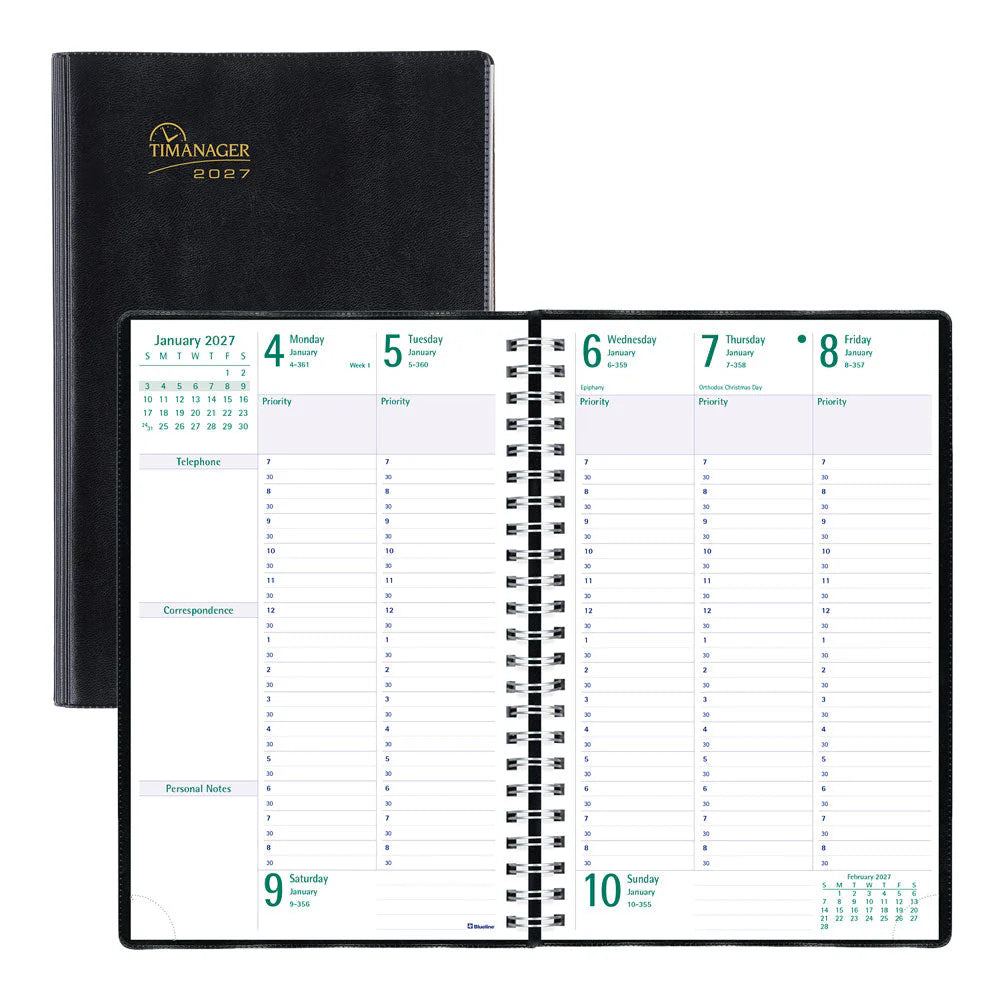 Blueline - 2027 Timanager Weekly Planner - Appointment Book - English - Black