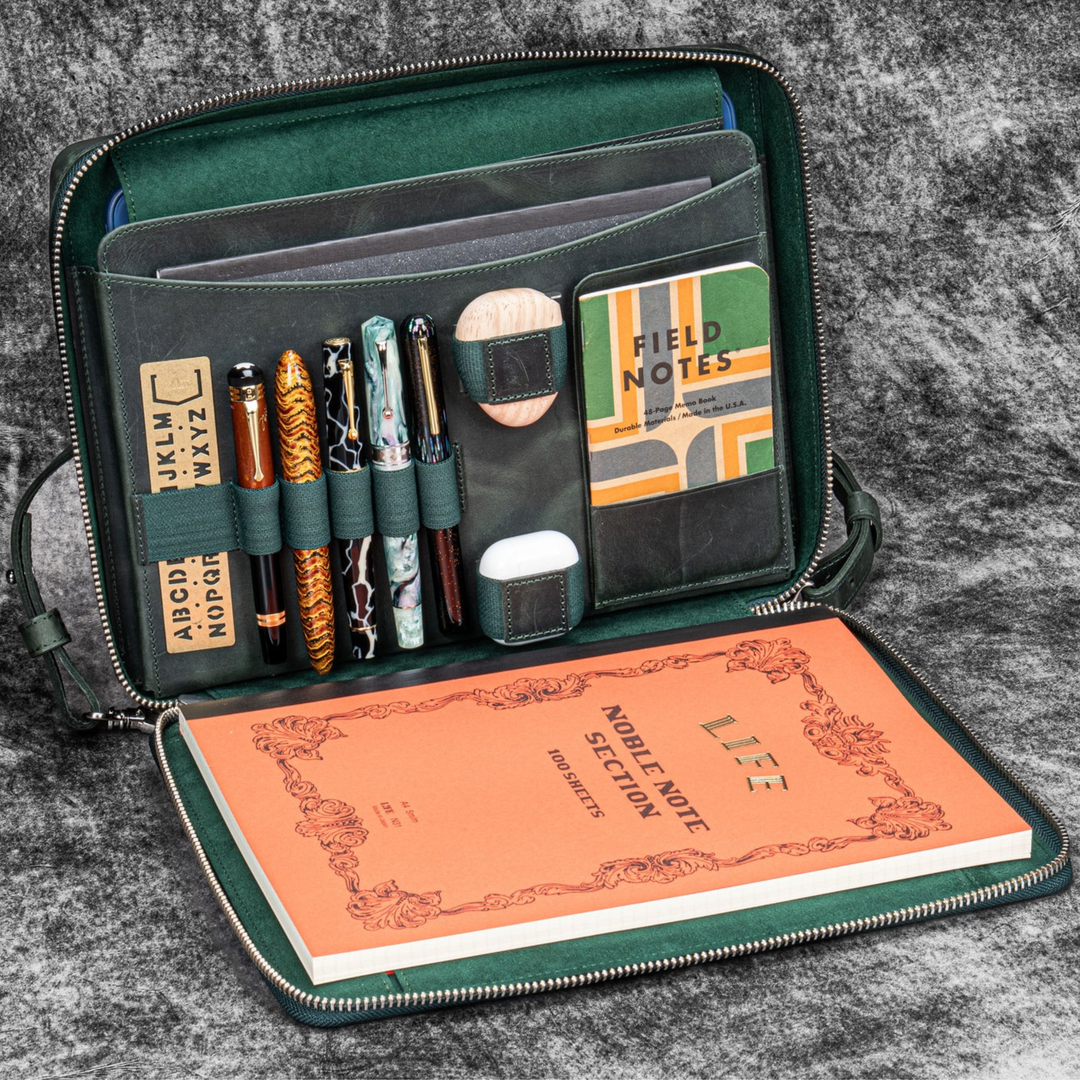 Galen Leather - Leather Compendium Bag - A4 Zippered Folio Organizer - Crazy Horse Forest Green