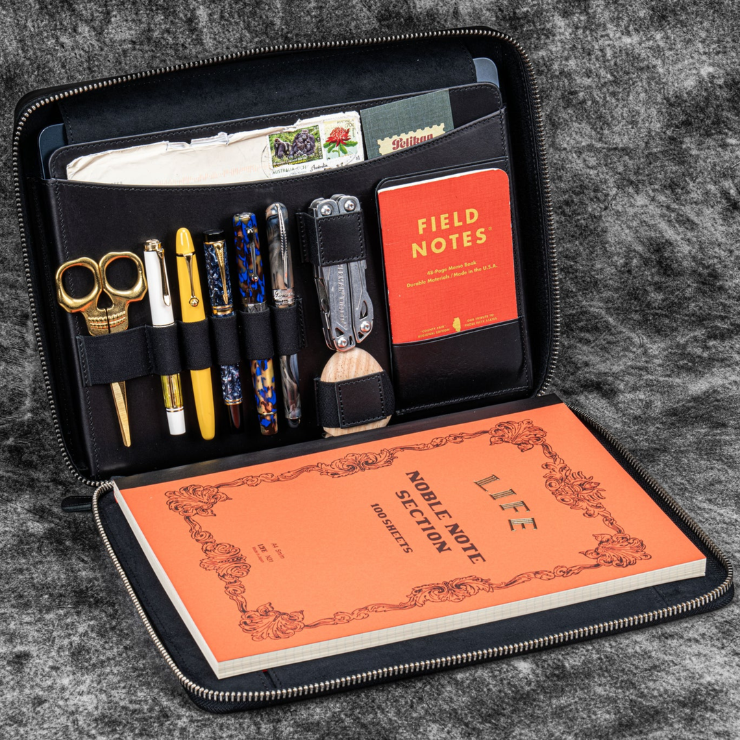 Galen Leather - Leather Compendium Bag - A4 Zippered Folio Organizer - Black