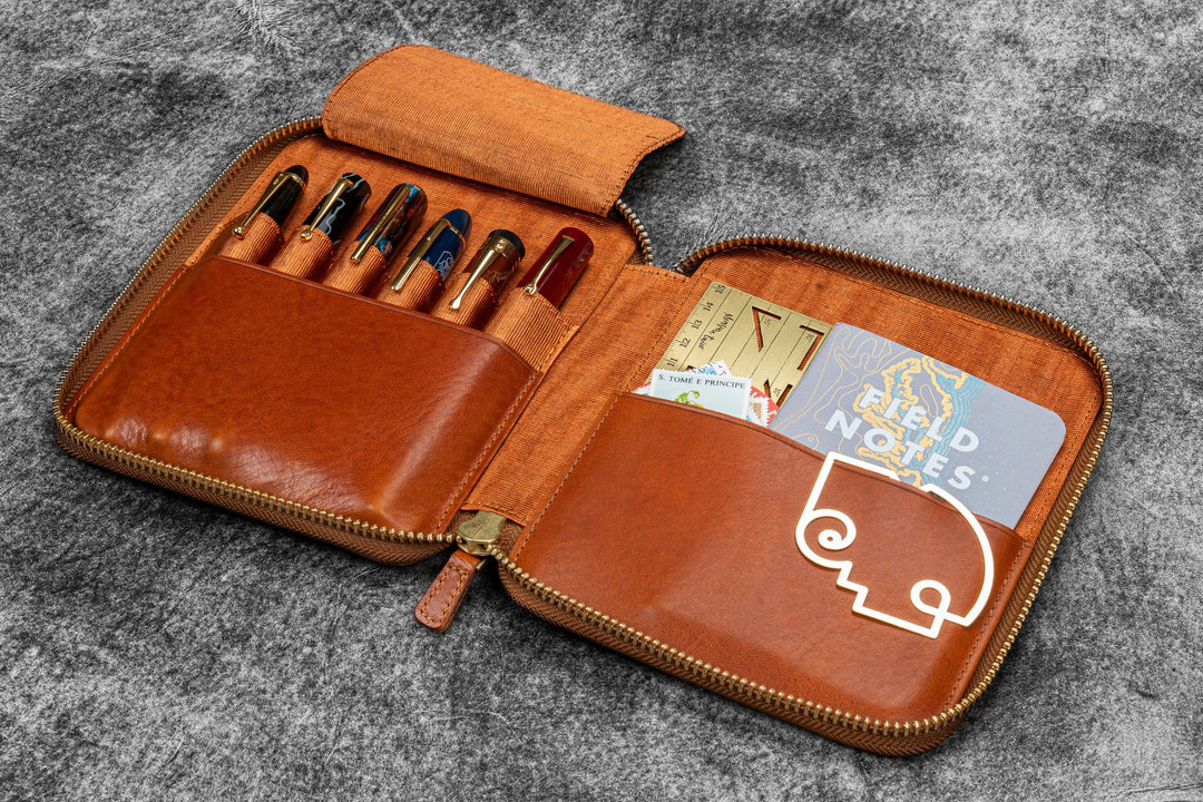 Galen Leather - Legacy Leather Zip Pen Case for 6 Pens - Deep Cognac