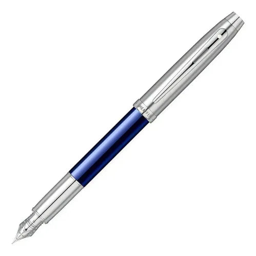Sheaffer - 100 Fountain Pen - Brushed Chrome Cap/Blue Barrel with Nickle Trim