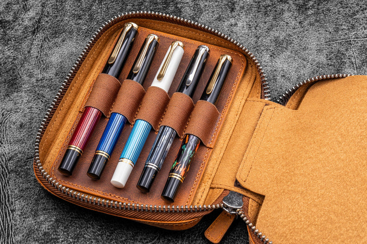 Galen Leather - Expansi-Pouch Leather Wide 10 Slots Pen Case - Crazy Horse Brown
