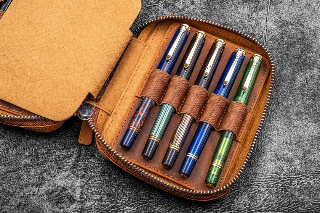 Galen Leather - Expansi-Pouch Leather Wide 10 Slots Pen Case - Crazy Horse Brown