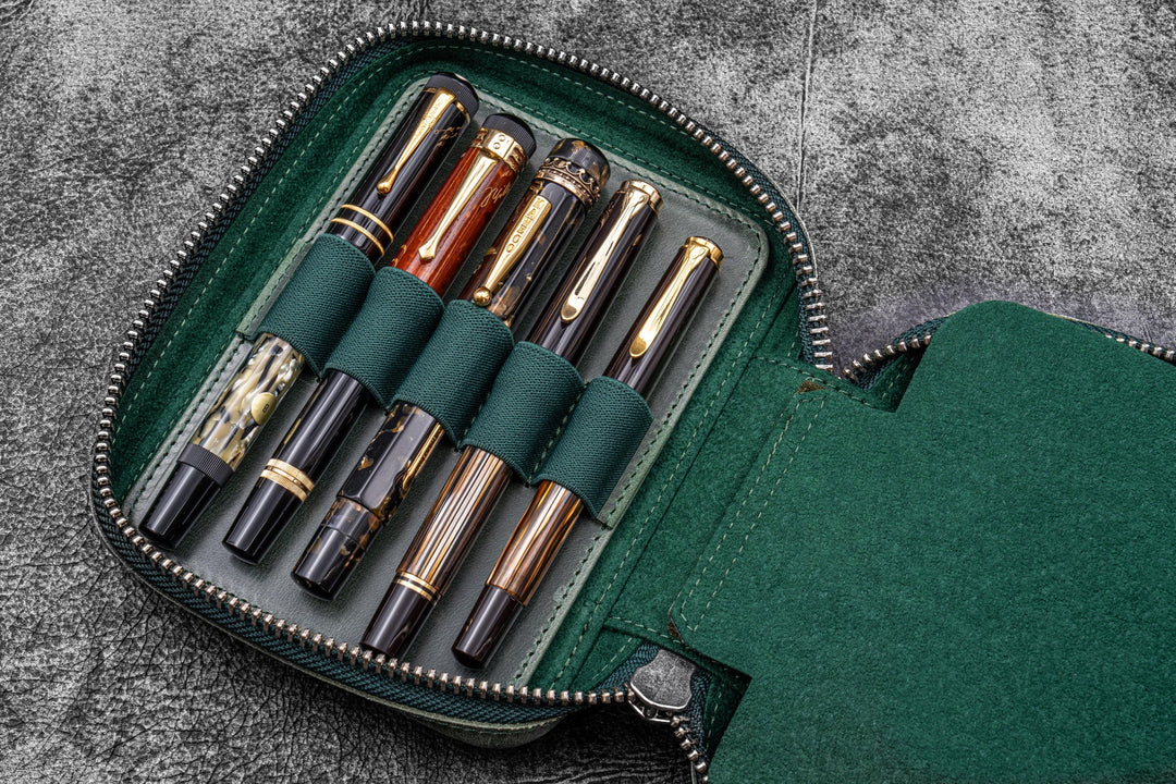 Galen Leather - Expansi-Pouch Leather Wide 10 Slots Pen Case - Crazy Horse Forest Green