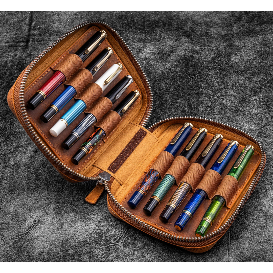 Galen Leather - Expansi-Pouch Leather Wide 10 Slots Pen Case - Crazy Horse Brown